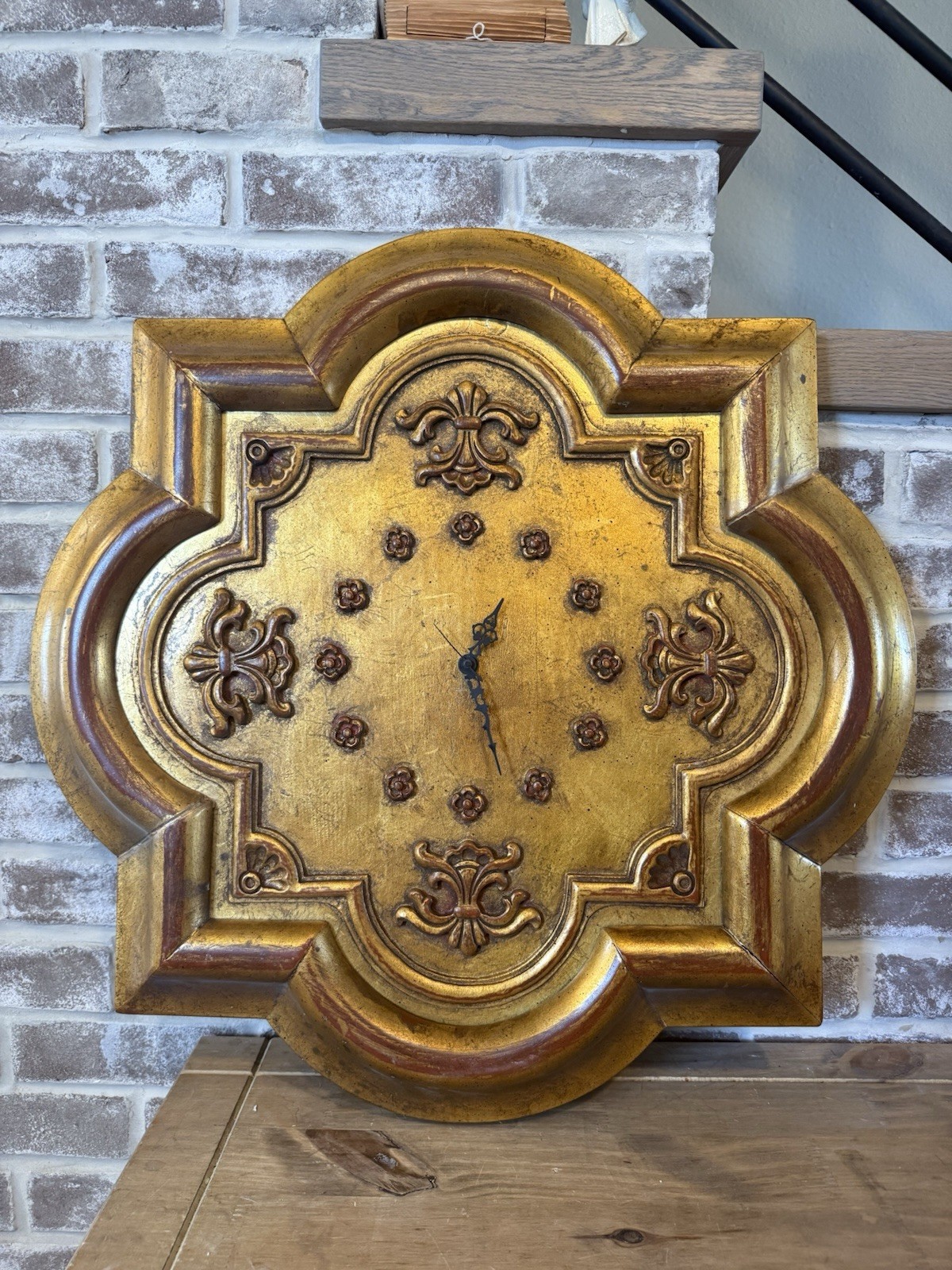 Vintage Handmade Unique Wooden Wall Clock Custom Made Gold leaf Plated 25”x25”