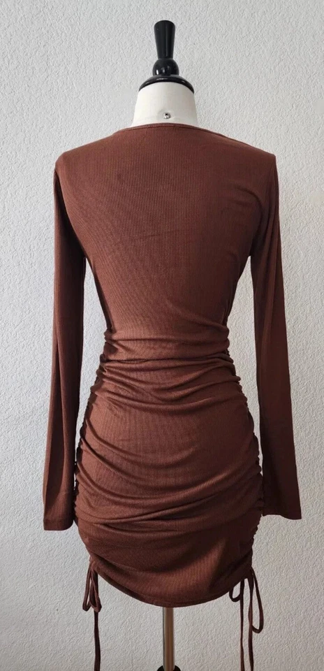 Urban Outfitters Dress New Size Large Brown Cut Out Ruched Sides Long Sleeve - Image 3 of 4
