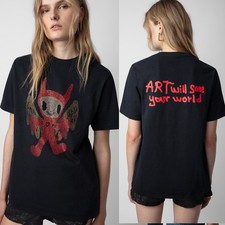 Women French Zadig&Voltaire Rhinestone Demon Doll Short Sleeve T-Shirt Tops SML