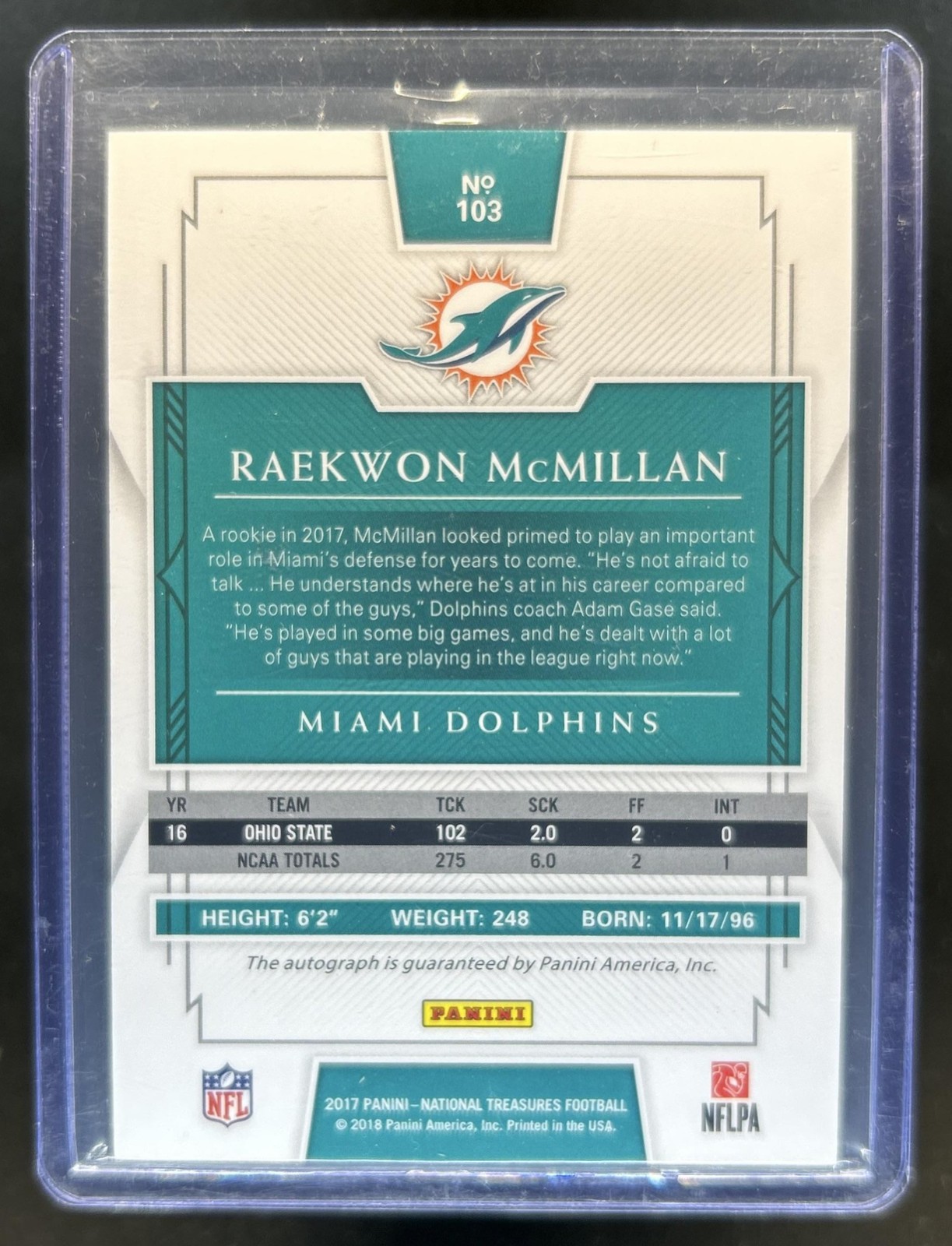 2017 Panini National Treasures Raekwon McMillan Rookie Auto RC #/99 Dolphins view 2