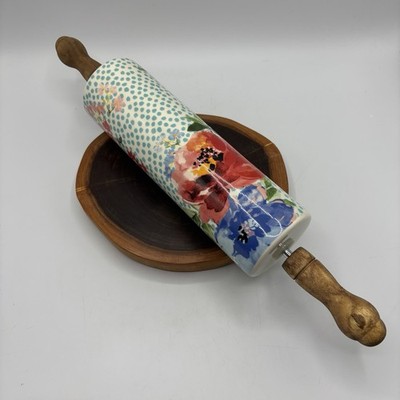 Pioneer Woman Spring Melody Ceramic Acacia Wood Rolling Pin Retired 2912DMT