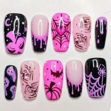 24Pcs Halloween Press on Nails Medium Square Fake Nails with Spiders Rhinestone