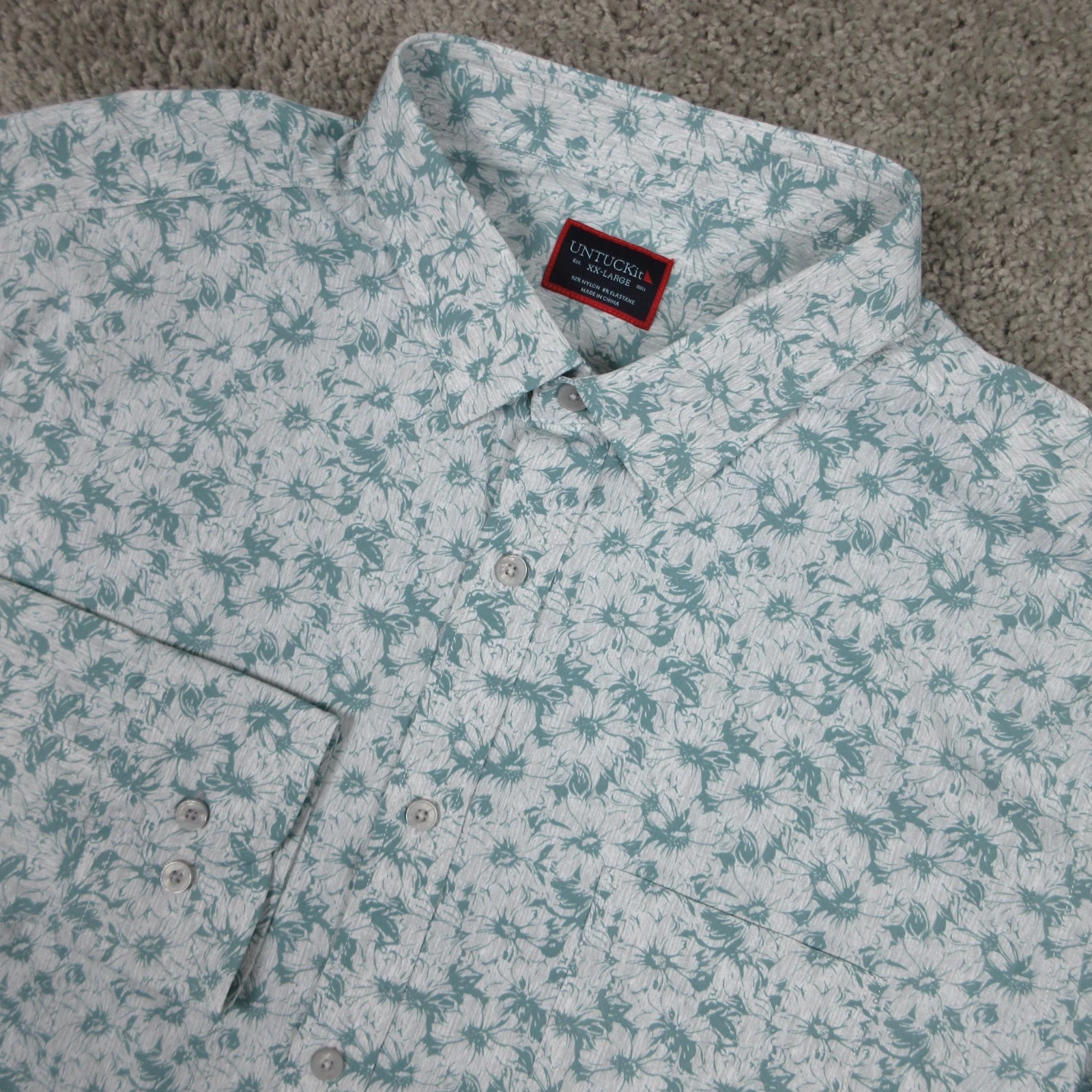 Untuckit Shirt Mens 2XL Green Floral Performance Nylon Arcari Regular Button Up