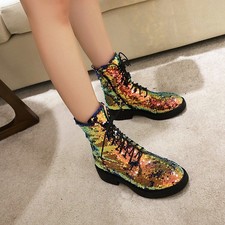 Womens Low Heels Lace Up Shoes Glitter Size Glitter Sequin Ankle Boots