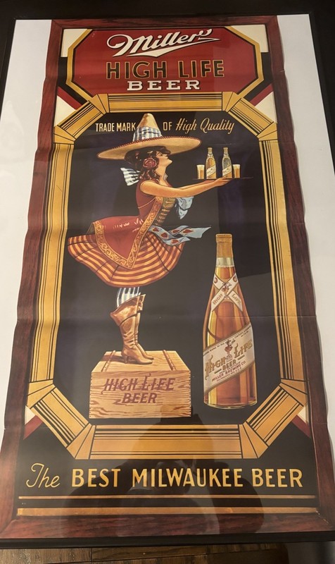Miller High Life Beer Girl On The Moon Poster Witch Girl Pub 34x17 1970s VTG
