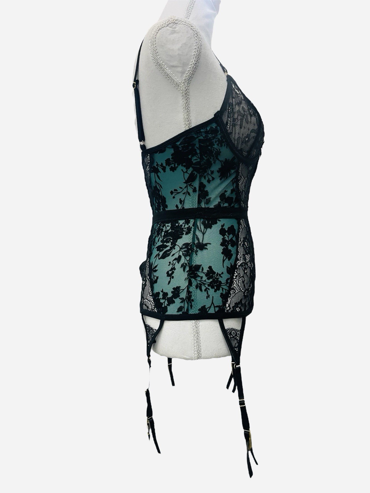 Seven Til Midnight Black Green Floral Garter Chemise Lingerie Mesh Sexy Bustier