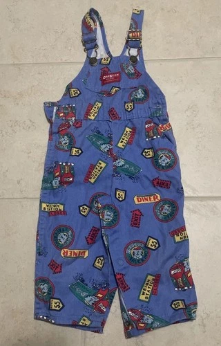 Vintage OshKosh B’Gosh Vestbak Overalls 18 Months Allover Trucks Trucking Statio