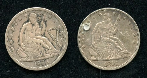 1866 & 1876(Plugged) Both w/Graffiti Liberty Seated Silver Half Dollar VF+/XF