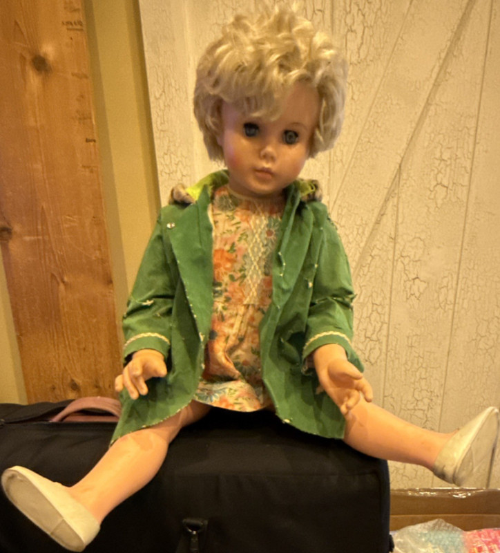 Götz 30" Blonde Curly Hair Play Doll Green Outfit & White Shoes