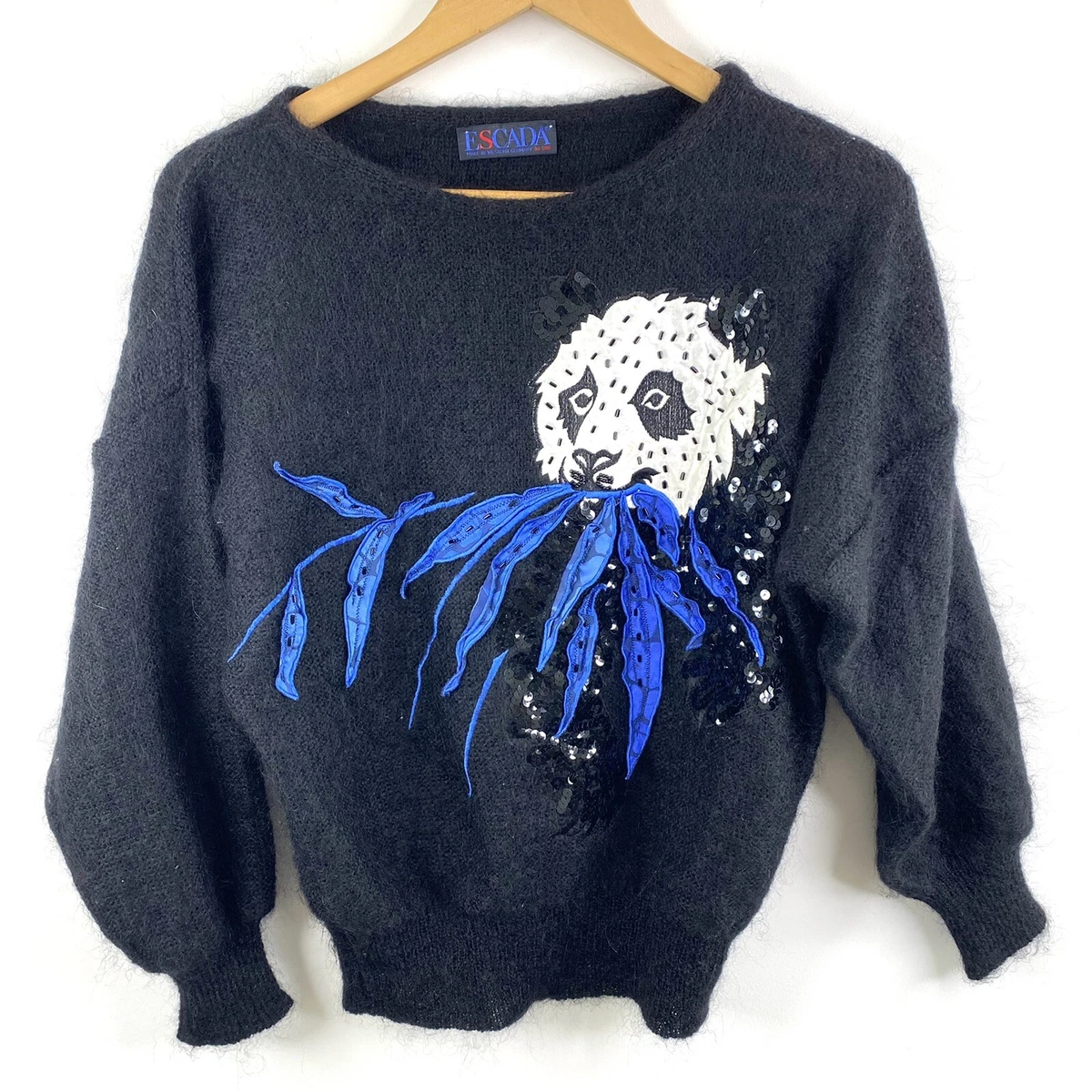 Vintage ESCADA Womens Size 36 US Small Black Blue Panda Applique Mohair Sweater