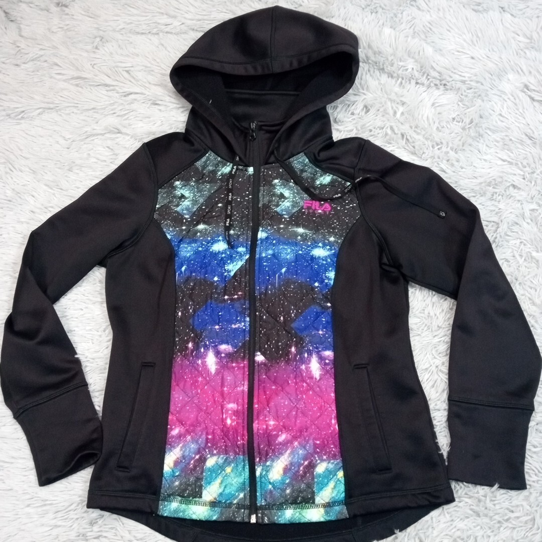 Fila Sport Sweatshirt Womens M Black Hoodie Full Zip Athletic Gorpcore Galaxy