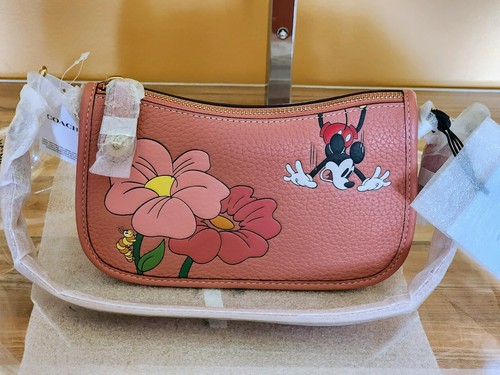 Disney X Coach Swinger MICKEY Flowers 20 corallo pelle rigenerativa 100 anni nuovo con etichetta - Foto 2 di 12