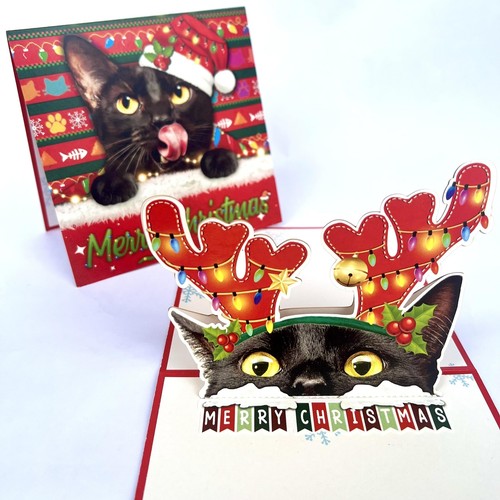 Black Cat Christmas Card - Black Cat 3D Pop Up Xmas Card with Envelope - Meow... - 第 1/4 張圖片