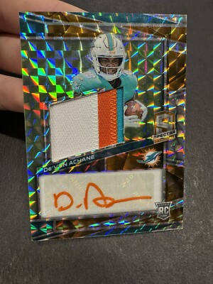 2023 Spectra Devon Achane /15 RPA Rookie Patch Auto Orange Ink Dolphins #209 RC
