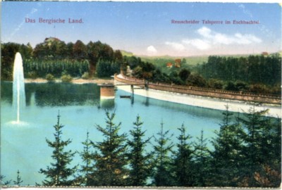 ancient postcard, the Bergisches Land, Remscheid dam in the Eschbach valley, field post