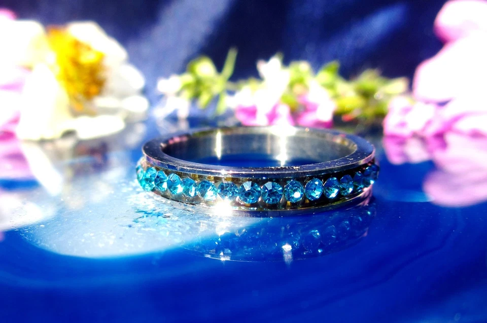 ☼ Ring Edelstahl Edelstahlring blau türkis Kristalle Bandring - Bild 2 von 3