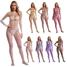 Women Bodysuit Sexy Jumpsuit Catsuit Unitard Tights Long Sleeve Full Body Mesh