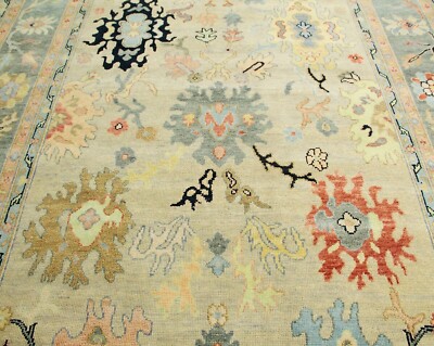 Hand Knotted Modern Oushak 8x10 Beige Grey 100% Wool Floral Rug for Home Décor