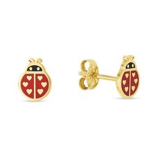 1/4" Red Enamel Lady Bug Stud Earrings Real 14K Yellow Gold