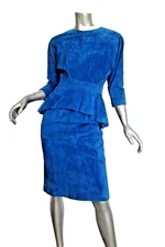 Vintage Bermans Blue Suede Leather Peplum Dress 2 / 4 XS