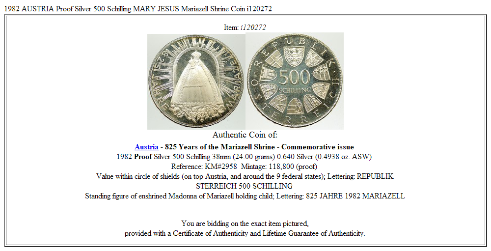 1982 AUSTRIA Proof Silver 500 Schilling MARY JESUS Mariazell