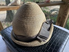 VTG Hattie Carnegie Hat Womens Cloche Straw Gray Ribbon Band Bow FLAWS READ