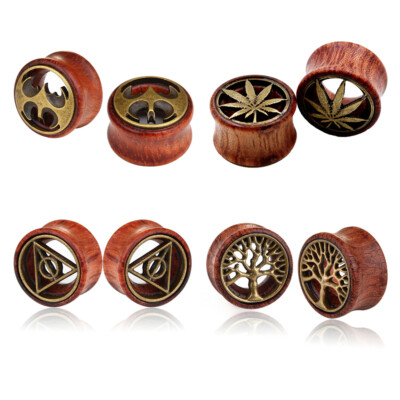 Paar Holz Antike Bronze Logo Muster Double Flare Flesh Tunnel Plug Ohr Piercing