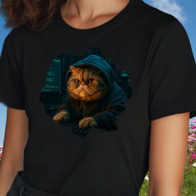 Frauen T-Shirt Hacker Katze Motiv Baumwolle Größe S bis 3XL
