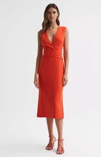 REISS JAYLA FITTED WRAP DESIGN MIDI DRESS in ORANGE