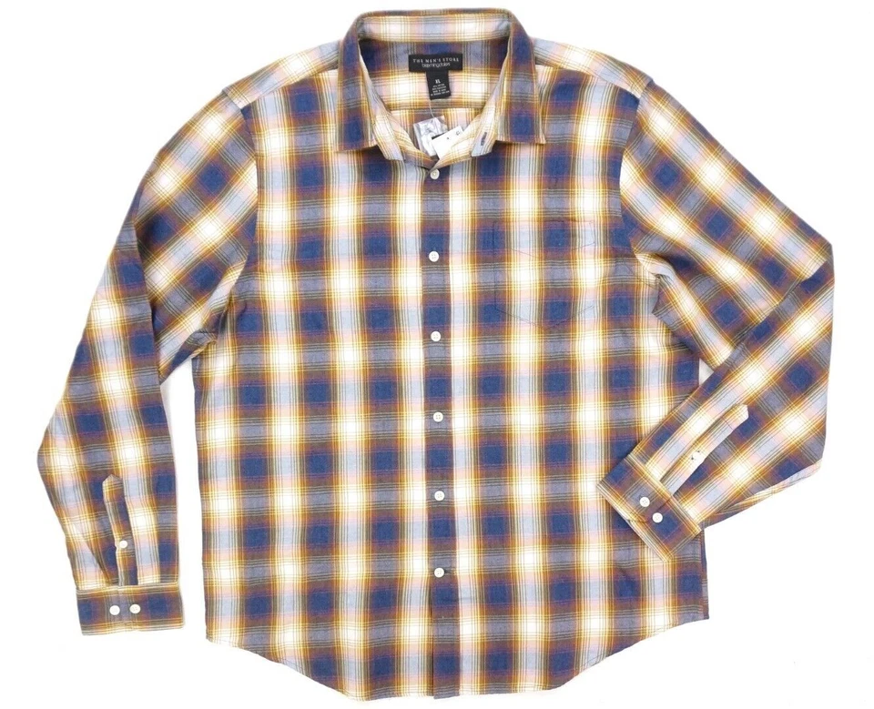 NEW $98 BLOOMINGDALES BROWN DENIM BLUE PLAID BRUSHED FLANNEL BUTTON DOWN SHIRT - Image 3 of 4