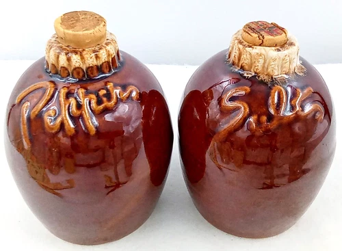 Hull Pottery Salt & Pepper Shakers Brown Drip Glaze Corks Tan Brown Vintage USA