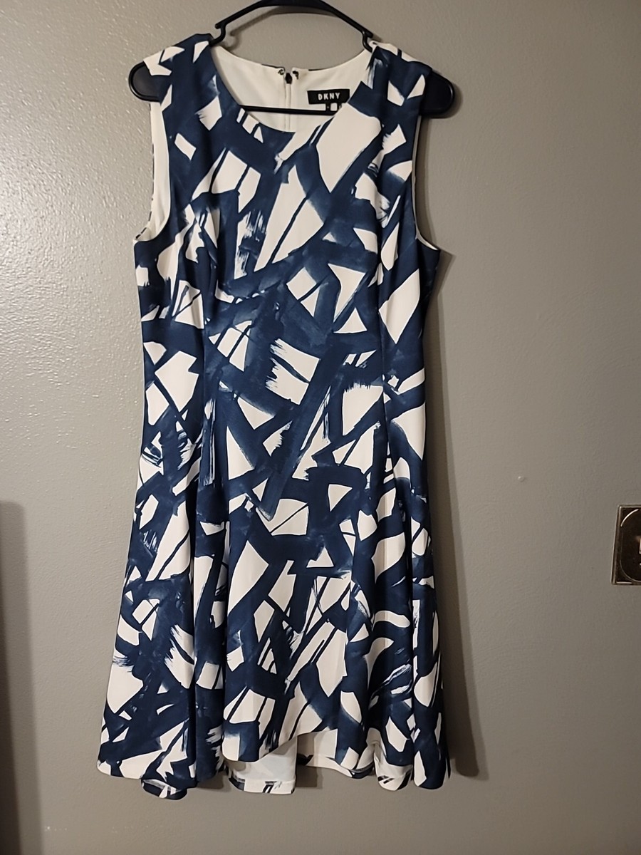 Dkny Blue White Flare Printed Lined Party Dress Sleeveless Size 10 Pockets