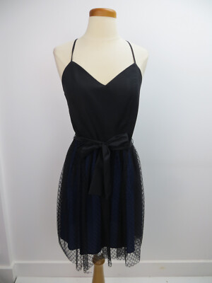 Amanda Uprichard Dress Black Blue Netting Self Belt LBD Party Back Zipper