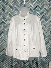 CHICOS WHITE FLORAL JACQUARD RUFFLE TRIM LIGHTWEIGHT BUTTON UP SUMMER JACKET 3