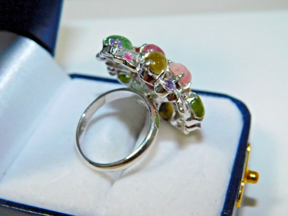 Grande Gruppo di Fiori Argento Sterling Ruby Tormalina Gatto Occhio Beige Anello - Immagine 3 di 4