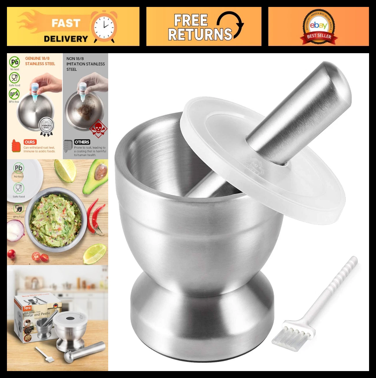 Stainless Steel Mortar and Pestle Set with Brush - Spice Grinder, Herb Bowl, Pil