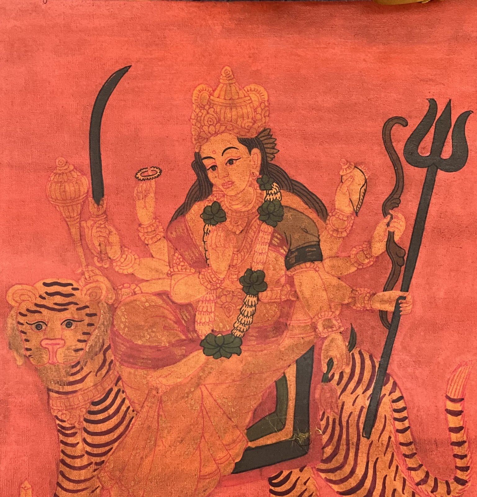 GODDESS DURGA HAND-PAINTED HINDU ART THANGKA OIL VARNISHED WITH SILK BROCADE