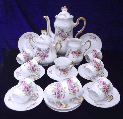 Limoges Antique Coffee Service Decorated with Sweet pea Flowers