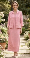 Talbots Linen Pink Embroidered Floral 2 Piece Dress Jacket Size 14 Midi