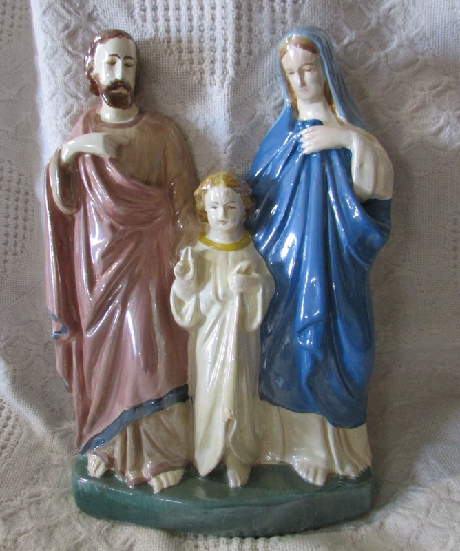 Vintage Holy Family Plaster Wall Plaque, Painted