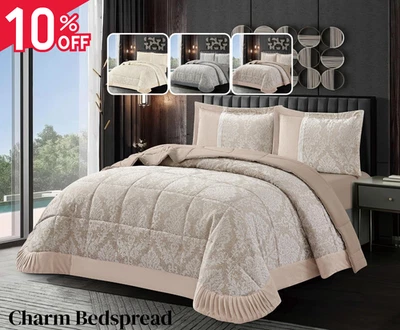 Quilted 3 Piece Charm Bedspread Single Double King Size Bedding Set Throws - Image 1 of 4
