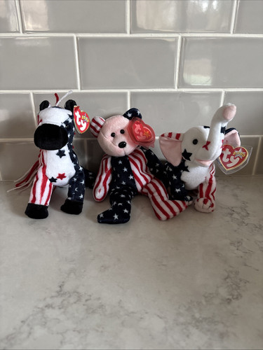 Ty Beanie Babys selten Righty Lefty und Spangle amerikanische Flagge USA Thema patriotisch