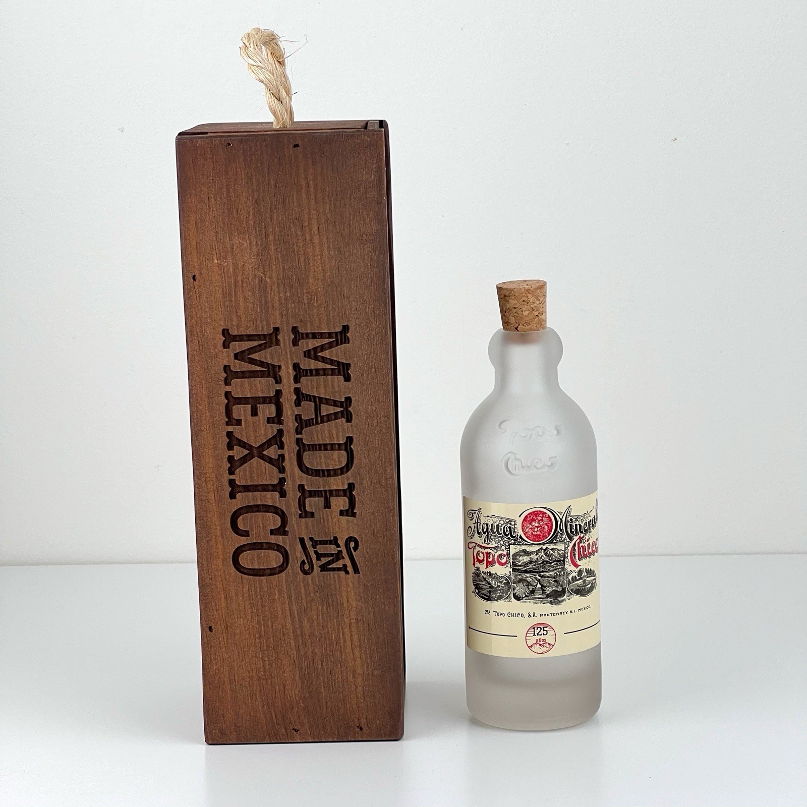 Collectible Topo Chico 125th Anniversary Glass Bottle Engraved Wood Box