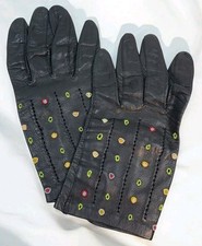 Vintage Ladies Gloves Leather With Embroided Flowers Black Size 6.5