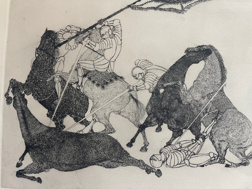 Grande gravure XXe combat de chevaliers signée et numérotée guerriers Moyen Age