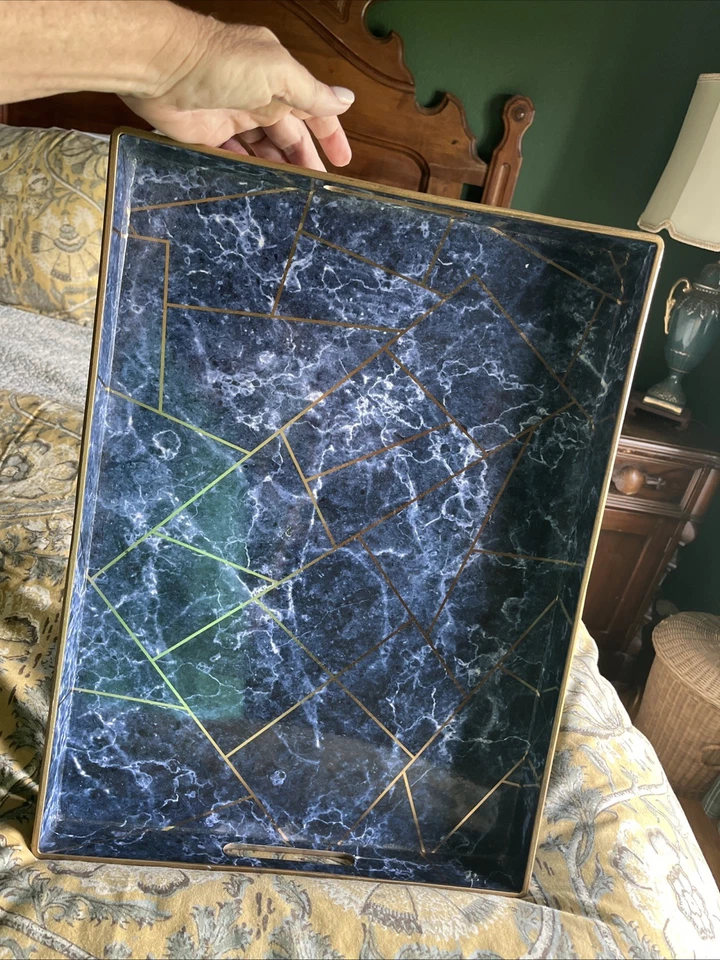 Blue And Gold Marble Serving Tray with Gold Rim - 15.7x10.2 Inches - Image 2 of 4