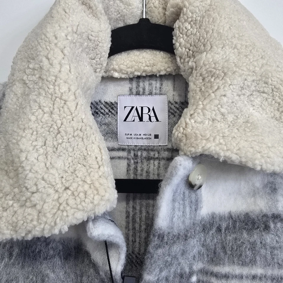 NWT Zara Plaid Checkered Jacket Overshirt w/ detachable faux shearling Sz M - Image 2 of 4