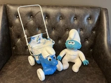 VINTAGE BABY SMURF PLUSH DOLL 1984 And RARE 1982 SMURF PIGGYBACK STROLLER