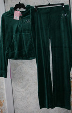 JUICY COUTURE 2 Pcs Jogging Track Set Large Hooded Top Pant Velour Evergreen NWT