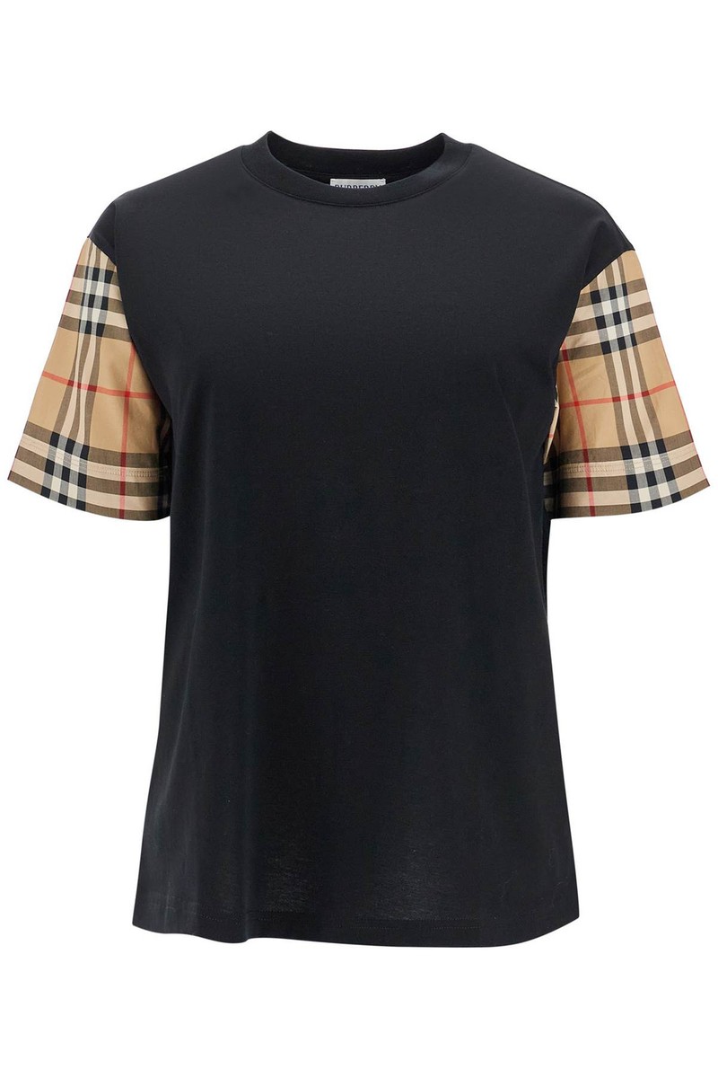 Tシャツ・カットソー BURBERRY Women Tops 8073028A1189 BLACK T-shirt with Check sleeves BURBERRY Woman Tg. M 8073028